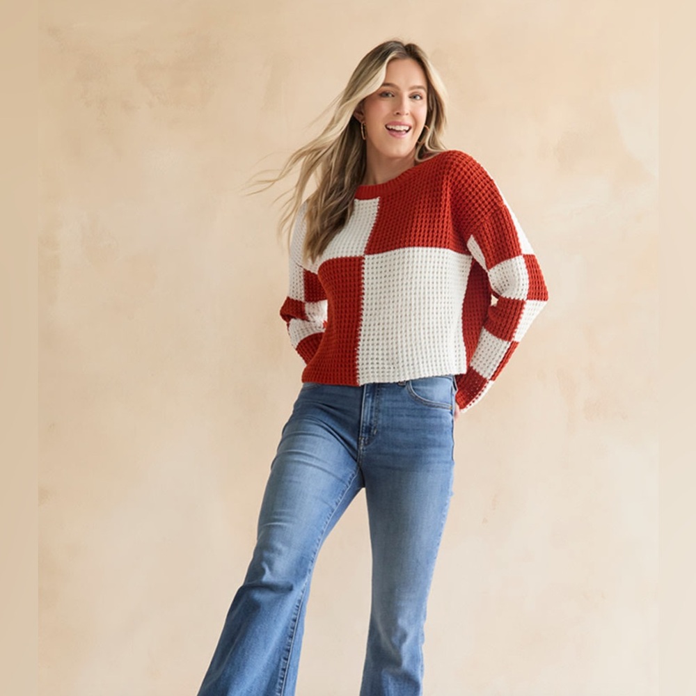 New Francesca’s Terracotta & White Checkered Crewneck Chenille Pullover Sweater